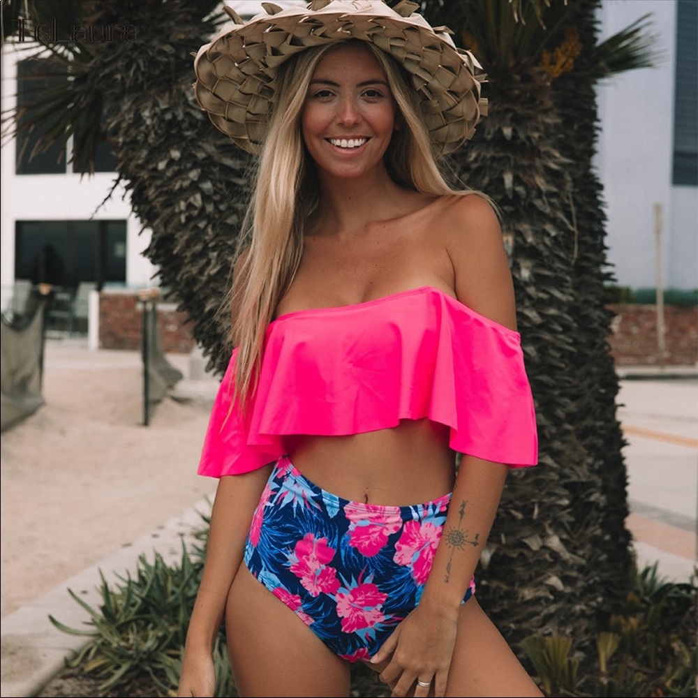 💖Isla Ruffle High Waist Bikini-Pink.💖